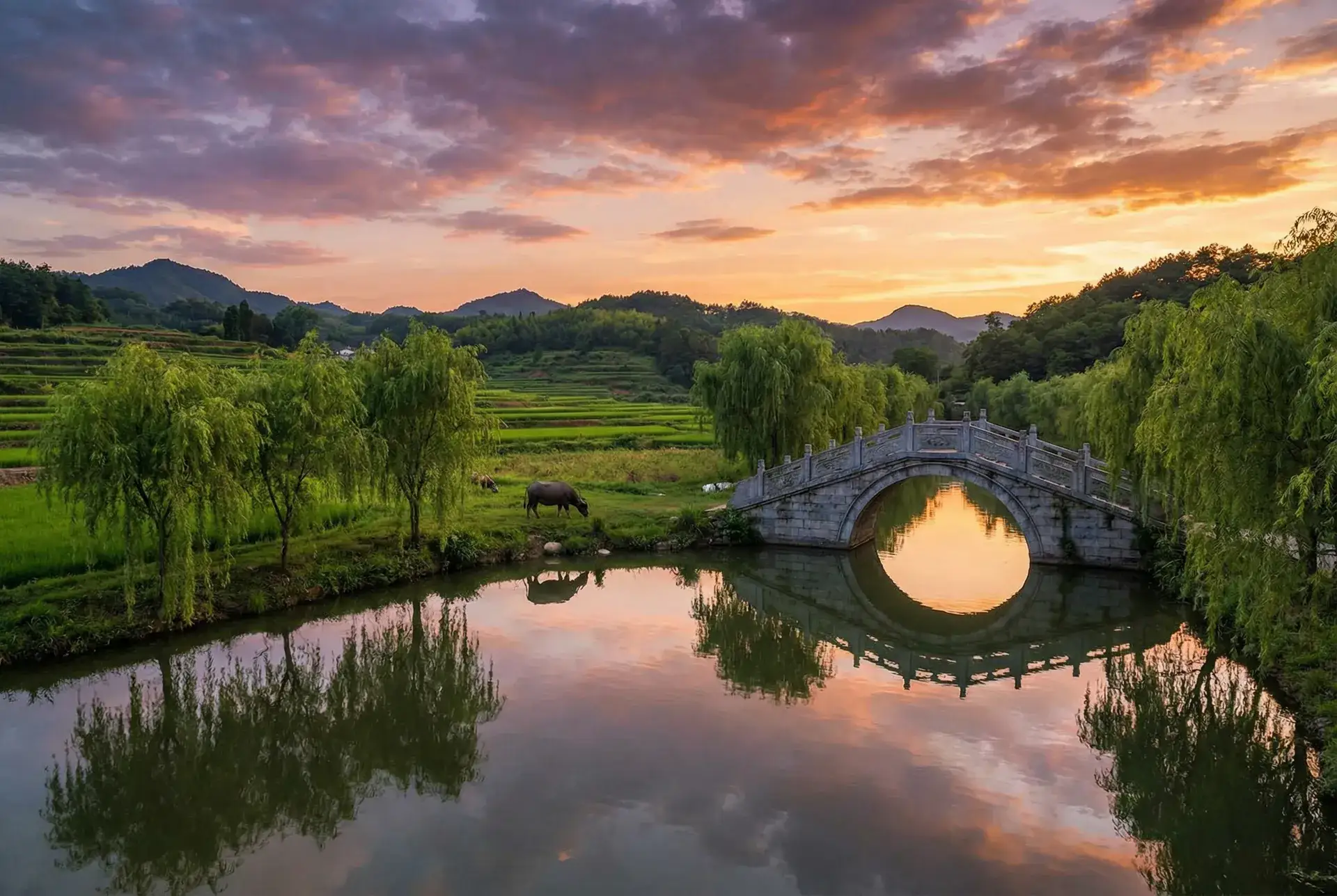 夕阳下的石拱桥与垂柳，水牛在河边吃草 - 在线bt天堂网WWW在线 乡村美景